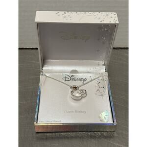 Disney Mickey Mouse Pendant Necklace Silver Plated Two Tone Rhinestone Gift Box